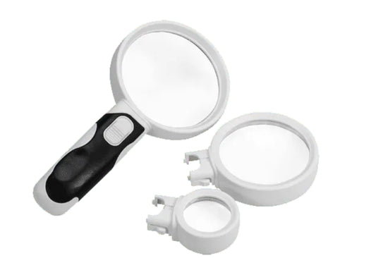 Lupa con lentes intercambiables de 2.5X, 5X y 8X para una visión precisa en Madrid. Ideal para trabajos detallados.