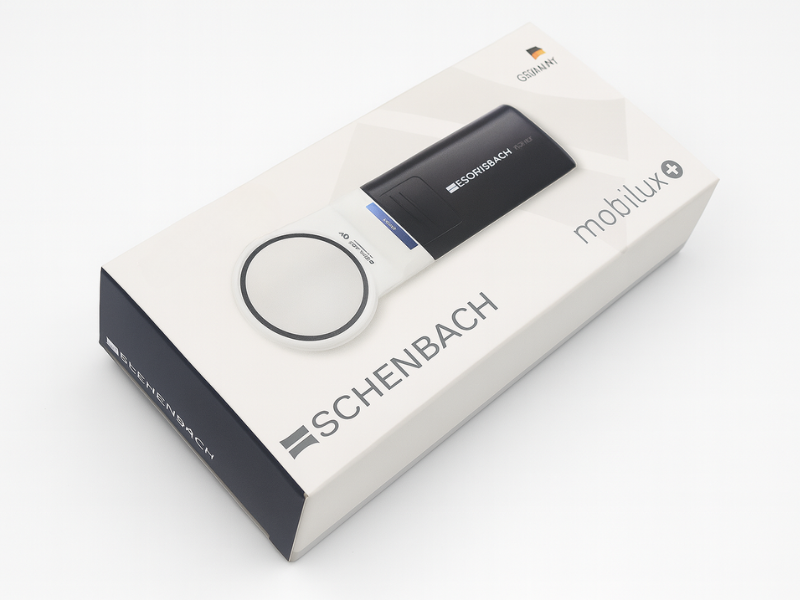 Lupa de mano con potente iluminación LED Mobilux para visión mejorada.