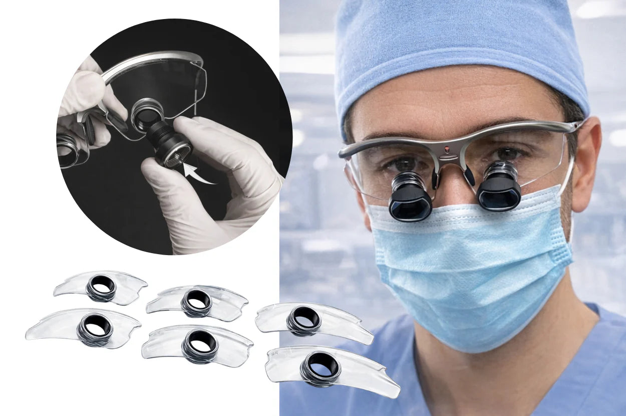 Dentista usando lupas TTL ultraligeras diseñadas para mejorar la precisión en tratamientos odontológicos.