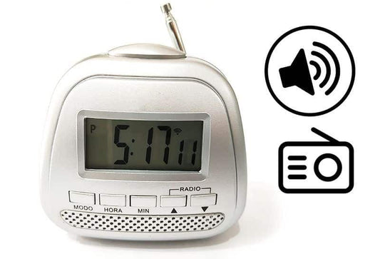 Radio despertador parlante en español, ideal para personas ciegas o con baja visión.