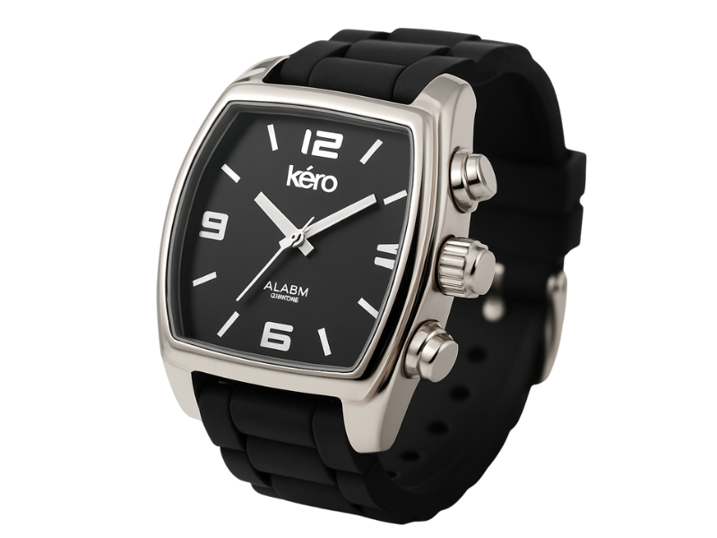 Reloj parlante de diseño cuadrado con botones táctiles y correa de goma para uso accesible.