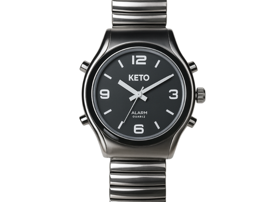 Reloj parlante para personas ciegas, diseño cromado con voz clara y correa extensible.