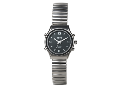Reloj para ciegos con voz en español y correa extensible, cómodo y accesible para uso diario.