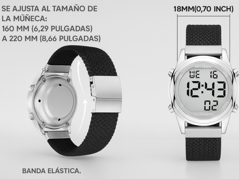 Primer plano de reloj parlante Hearkent con banda elástica negro.