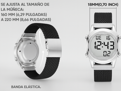 Primer plano de reloj parlante Hearkent con banda elástica negro.