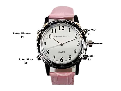 Reloj Cromax rosa con voz en español, ideal para saber la hora de forma accesible.
