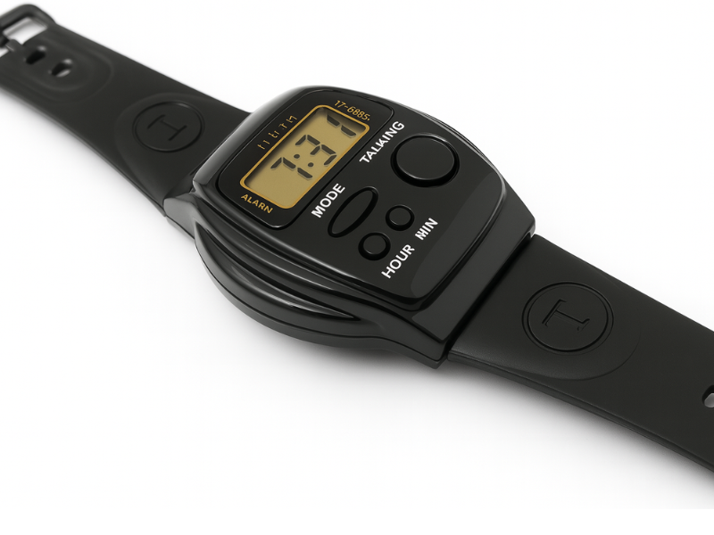 Reloj accesible con botón grande y voz española clara.