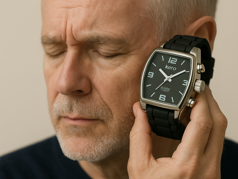 Reloj parlante de diseño cuadrado con correa de goma, ideal para personas ciegas en Madrid.