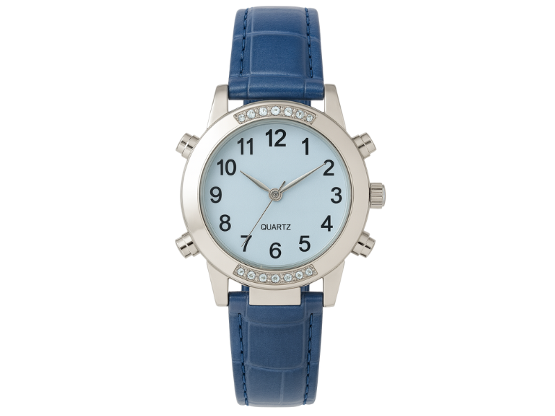 Reloj parlante Cromax con correa de piel azul, diseñado para personas ciegas o con baja visión, disponible en Madrid.