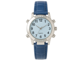 Reloj parlante Cromax con correa de piel azul, diseñado para personas ciegas o con baja visión, disponible en Madrid.
