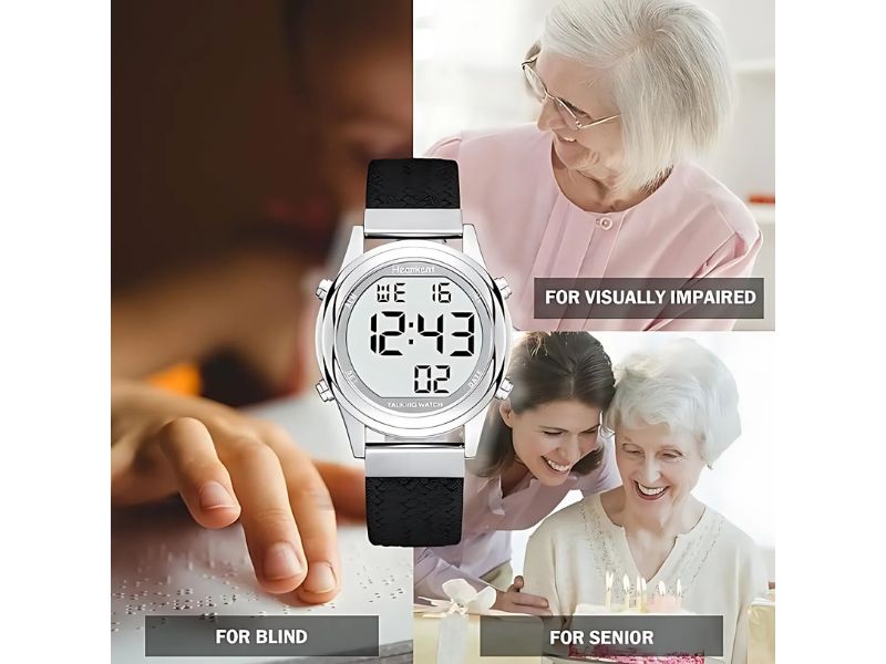 Reloj digital con voz clara en español, fácil de usar en Madrid.