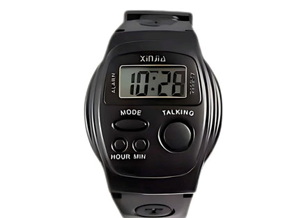 Reloj parlante en español, anuncia la hora con claridad para personas con visión reducida.