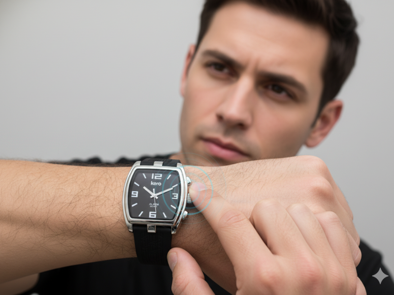 Reloj accesible con voz y correa de goma, ideal para usuarios con baja visión o ceguera.