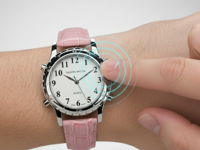Reloj accesible rosa con voz española clara para personas mayores o con poca visión.