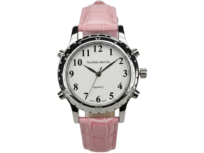 Reloj cromado rosa con voz en español para anunciar la hora con claridad.