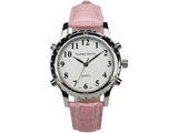 Reloj cromado rosa con voz en español para anunciar la hora con claridad.