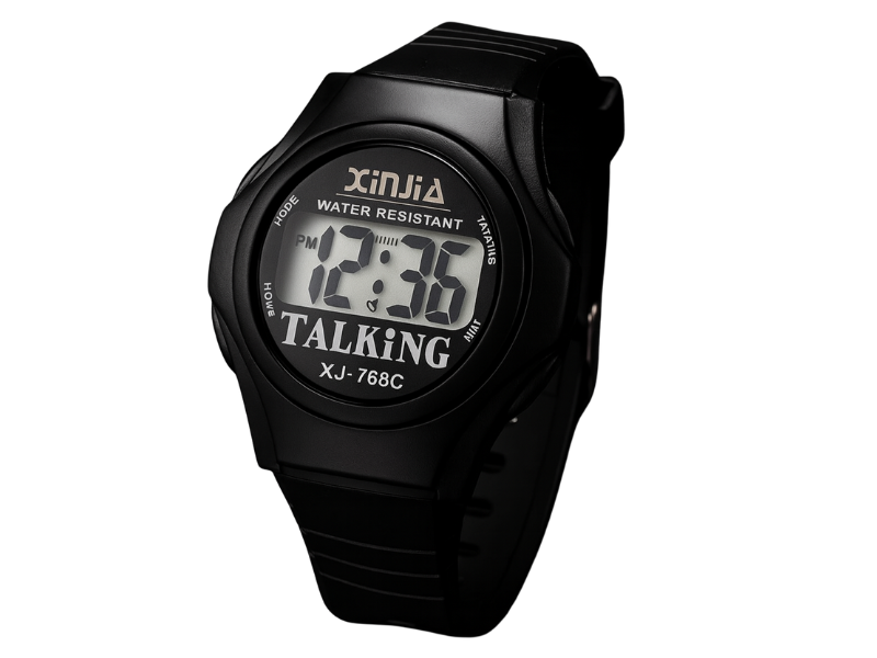 Reloj deportivo parlante con números grandes y correa de goma ajustable, pensado para baja visión.