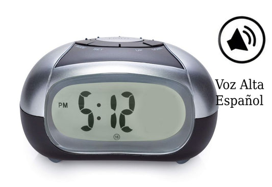Reloj de mesa con voz en español, perfecto para personas con baja visión en Madrid.

