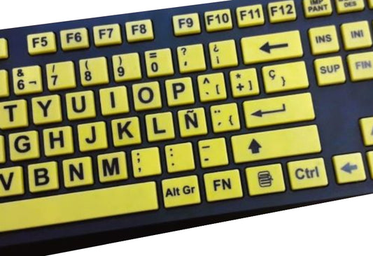 Teclado especial amarillo con letras grandes para baja visión en Madrid