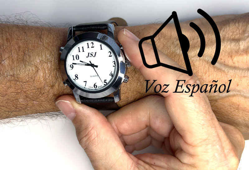Reloj de pulsera de cuero negro con capacidad de hablar